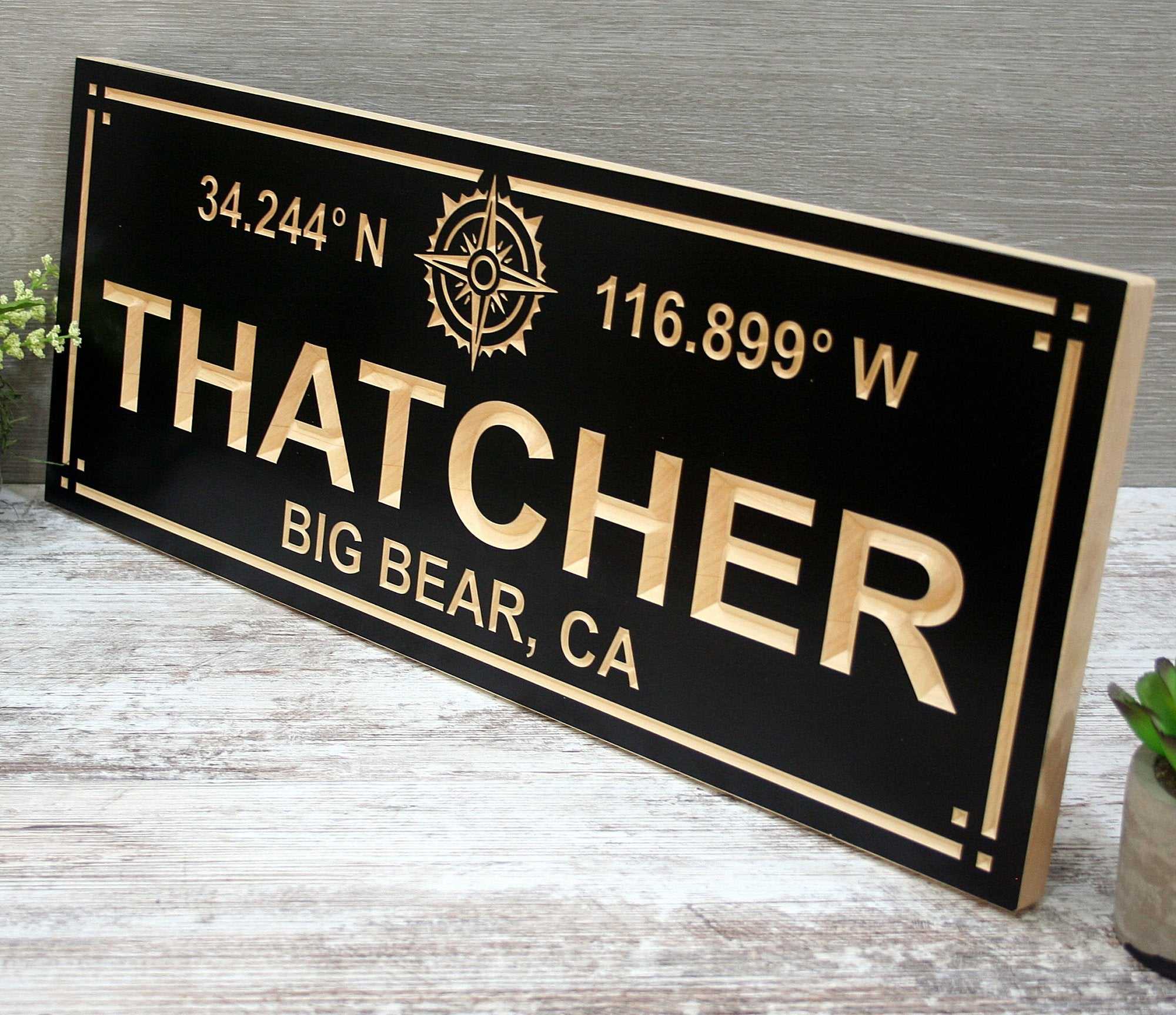 Personalized Wood shops Sign with Compass Rose | Names and Latitude/Longitude GPS Coordinates