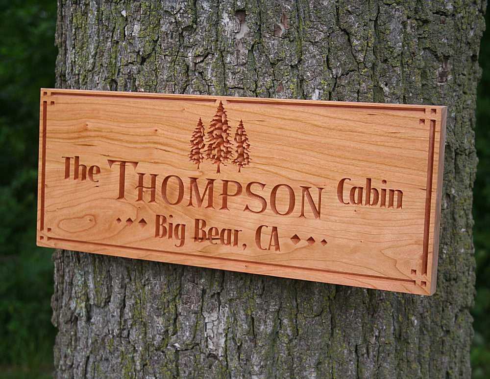 Carved-Wooden-Cabin-Sign-with-Trees-Rustic-Family-Cottage-Sign-TE-C ...